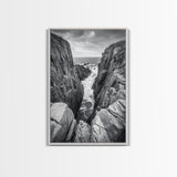 Ocean Cliff Pass, Rugged Coastal Rocks, Nature Power, Monochrome Framed Canvas Print, Moody Bathroom or Masculine Office Art