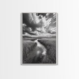 Marshland Stream, Dramatic Clouds, Nature Reflection, Canvas Print, Minimalist Landscape, Bathroom Art, Earthy Tones, Zen Mood