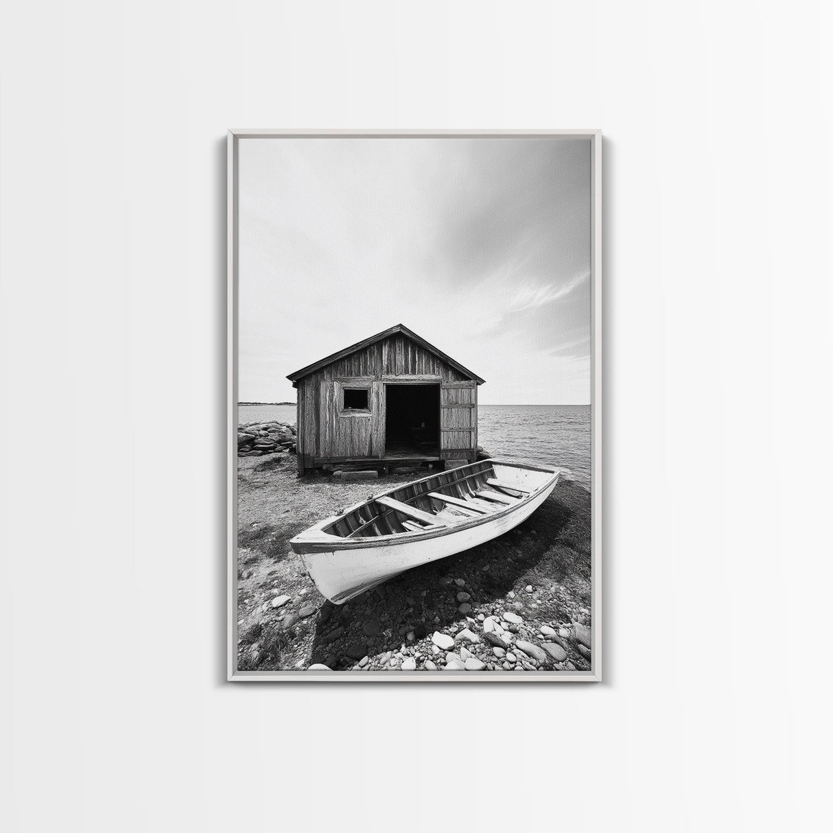 Shore Cabin, Rowboat Rest, Coastal Cabin, Serene Shoreline, Canvas Print, Lake House Wall Art, Rustic Decor, Living Room Seaside Art