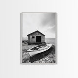 Shore Cabin, Rowboat Rest, Coastal Cabin, Serene Shoreline, Canvas Print, Lake House Wall Art, Rustic Decor, Living Room Seaside Art