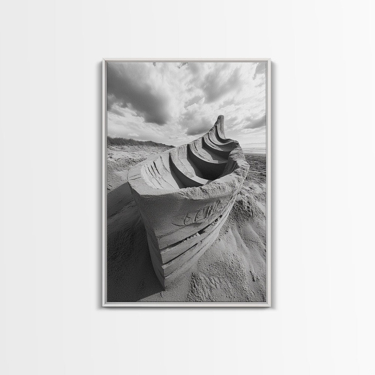 Sand Boat, Beach Sculpture, Dramatic Clouds, Textured Art, Framed Canvas Print, nautical wall art, coastal boho decor, modern beach print