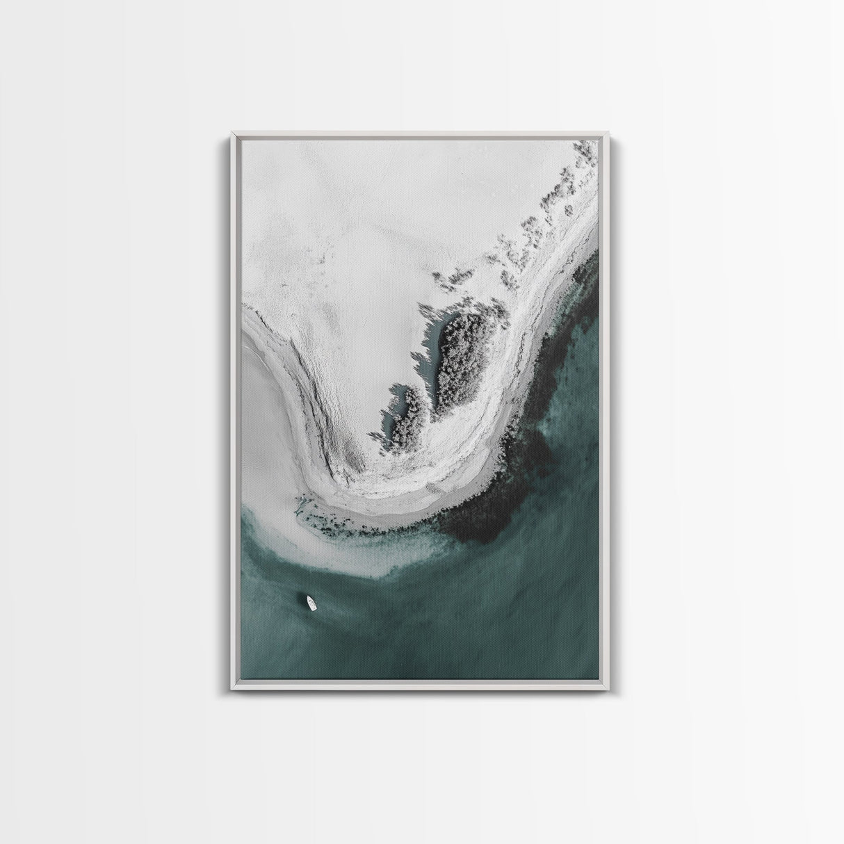 Aerial Beach, Turquoise Sea, Minimal Shoreline, Boat View, Canvas Print, coastal minimalist art, bathroom wall art, modern ocean photo