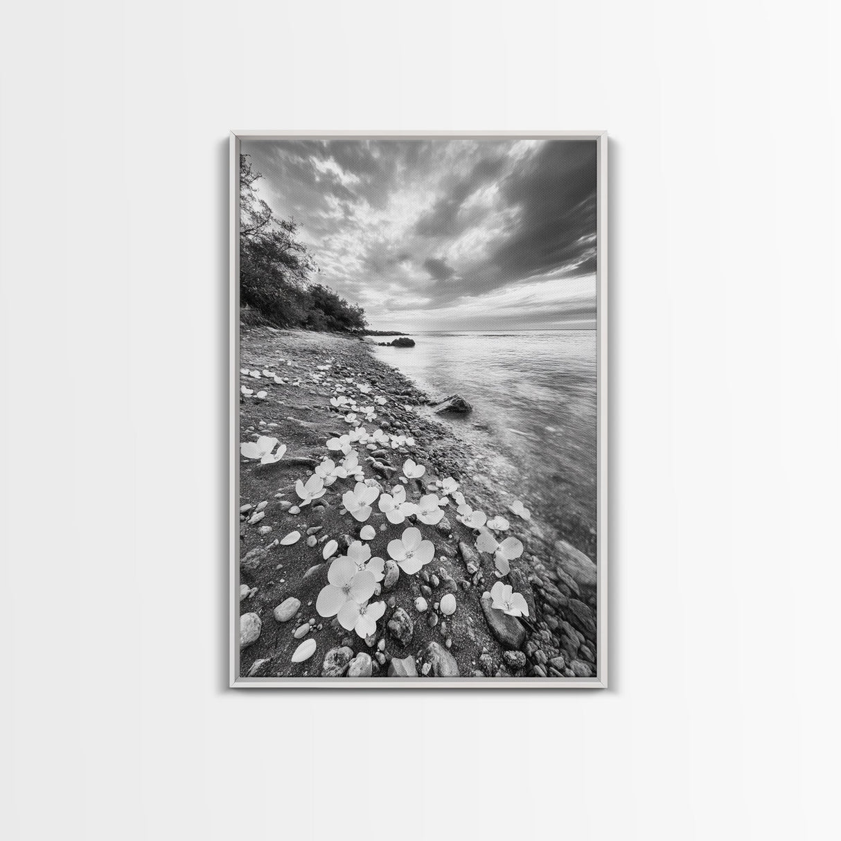 Flower Shore, Peaceful Beach, Moody Sky, Petal Scape, Framed Canvas Print, romantic beach art, bedroom decor, black and white floral print