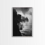 Stormy Cliffs, Ocean Fog, Monochrome Coast, Wild Nature Framed Canvas Print, moody wall art, rustic living room decor, dark aesthetic