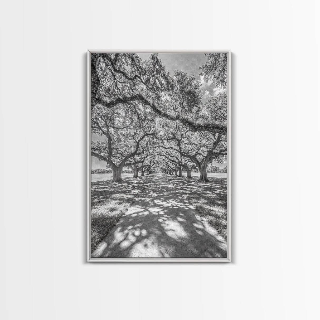 Oak Tree Tunnel, Southern Charm, Shaded Pathway, Timeless Trees Framed Canvas Print, farmhouse wall decor, hallway landscape art