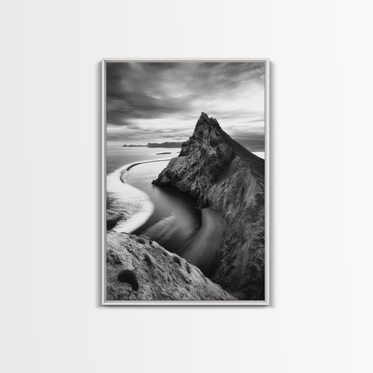 Mountain Peak, Coastal Horizon, Nature Majesty, Serene Edge Framed Canvas Print, modern landscape art, minimalist bedroom decor