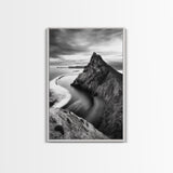 Mountain Peak, Coastal Horizon, Nature Majesty, Serene Edge Framed Canvas Print, modern landscape art, minimalist bedroom decor