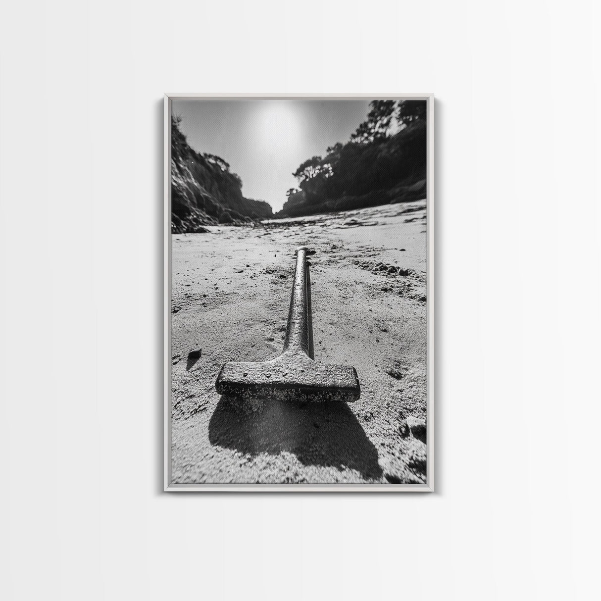 Industrial beach relic, iron hammer, rustic textures, minimalist black and white, Canvas Print, man cave art, coastal masculine decor