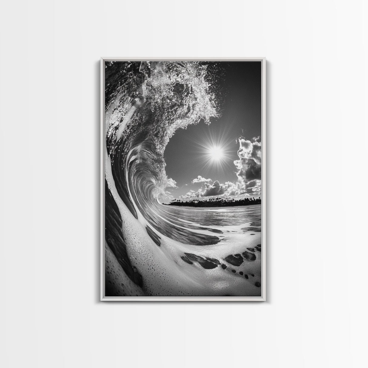 Wave Photography, Surfer Dream, Sea Curl Motion, Framed Canvas Print, Coastal Wall Art, Beach House Decor, Monochrome Ocean Style