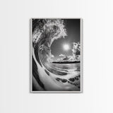 Wave Photography, Surfer Dream, Sea Curl Motion, Framed Canvas Print, Coastal Wall Art, Beach House Decor, Monochrome Ocean Style