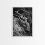 Floral Engraved Revolver, Vintage Western Gun, Cowboy Detail Shot, Canvas Print, Man Cave Art, Rustic Americana Wall Style