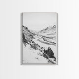 Snowy Canyon, Winter Valley, Frozen Landscape, Framed Canvas Print, Minimalist Wall Art, Neutral Living Room or Office Decor