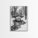 Stone Bridge, Winter Stream, Historic Pathway, Framed Canvas Print, Snowy Landscape Art, Traditional Living Room Wall Decor