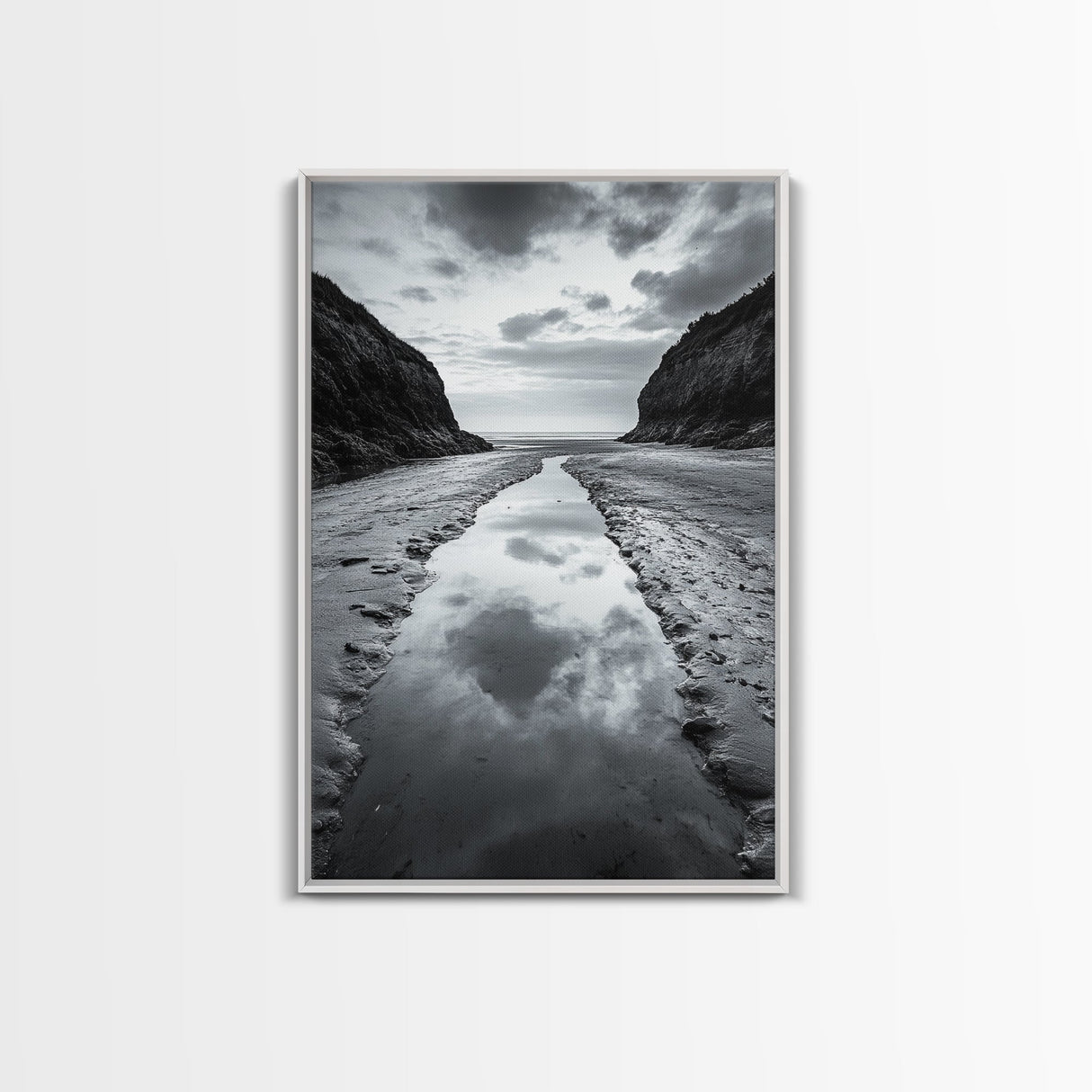Ocean Reflection, Seaside Path, Moody Coastline, Canvas Print, Black and White Nature Photography, Modern Living Room Wall Art