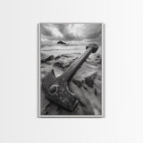 Ocean anchor scene, nautical coastal vibes, shipwreck inspiration, stormy sky, Framed Canvas Print, entryway art, maritime wall decor