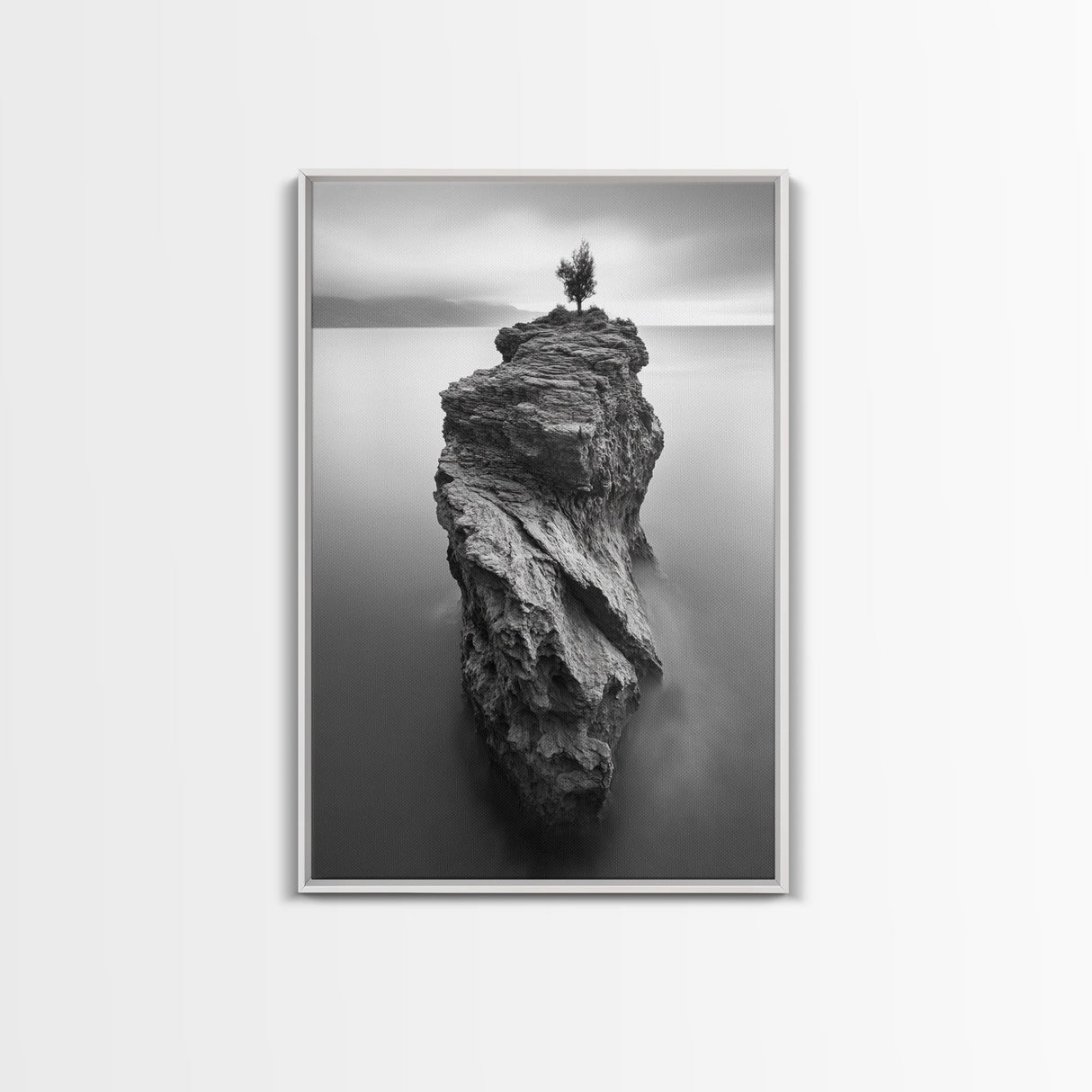 Solitary Cliff Tree, Calm Waters, Moody Horizon, Framed Canvas Print, Minimalist Nature Wall Art, Office Wall Decor, Zen Art