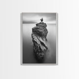 Solitary Cliff Tree, Calm Waters, Moody Horizon, Framed Canvas Print, Minimalist Nature Wall Art, Office Wall Decor, Zen Art