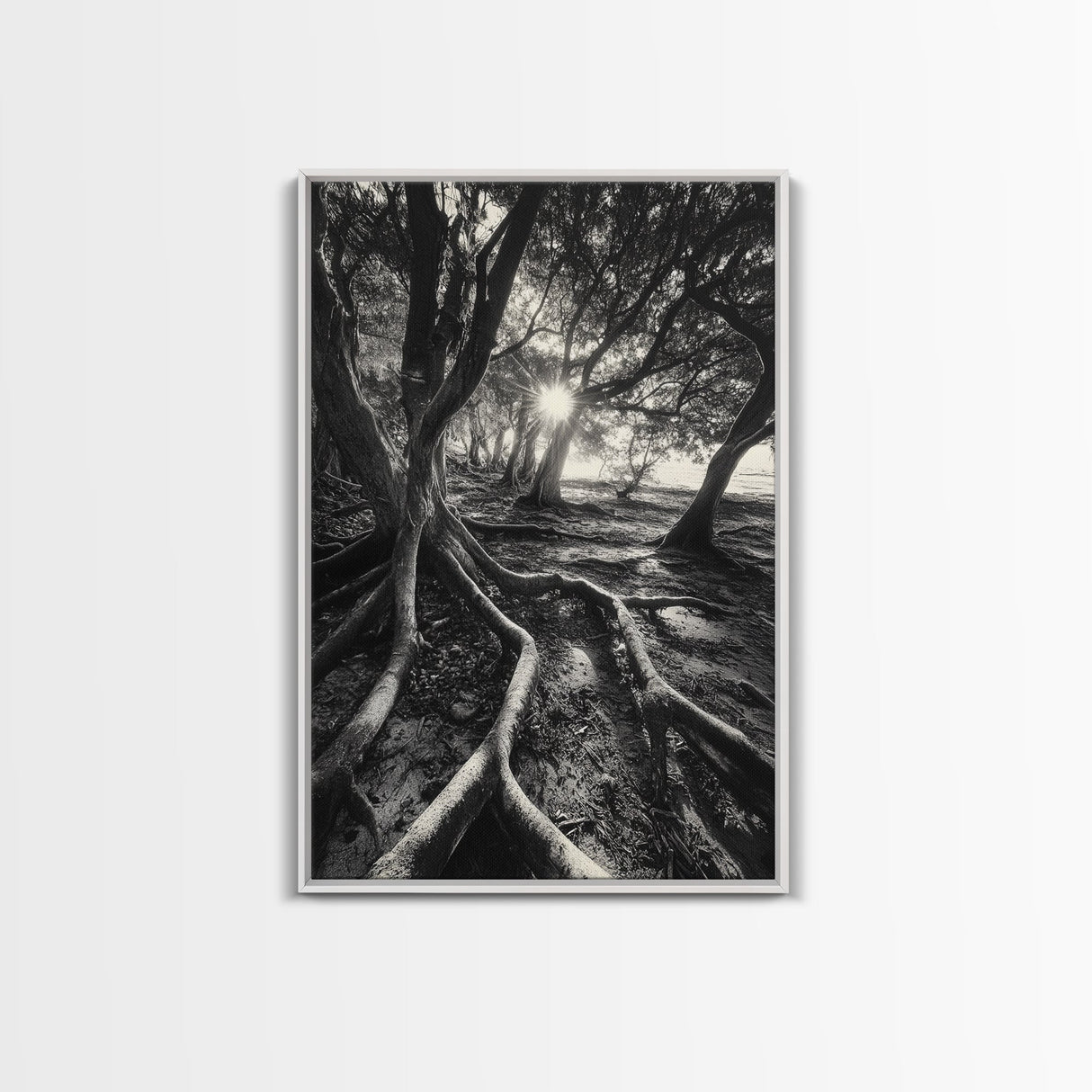 Sunlit Forest Roots, Tree Shadows, Golden Light, Framed Canvas Print, Boho Nature Wall Art, Bedroom Wall Decor, Earthy Tones