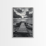 Ocean Pier Sunset, Dramatic Clouds, Seascape Pathway, Canvas Print, Coastal Living Room Art, Tranquil Decor, Minimalist Style
