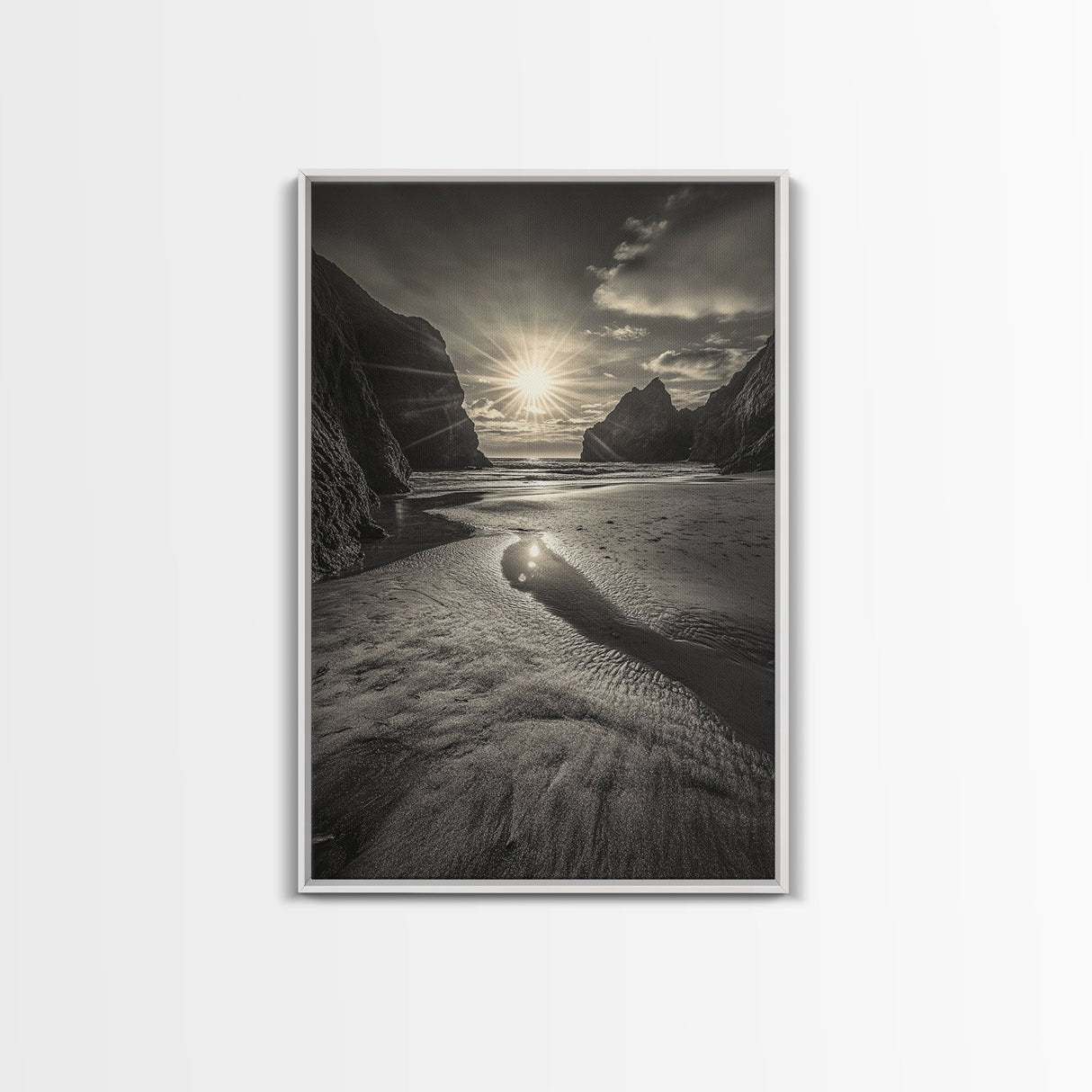 Secluded Beach, Sunset Glow, Reflected Light, Framed Canvas Print, Tranquil Ocean Wall Art, Modern Bedroom Decor, Zen Vibes