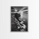 Rugged Sea Cliffs, Sunset Horizon, Serene Waters, Framed Canvas Print, Modern Nature Wall Art, Office Decor, Coastal Aesthetic