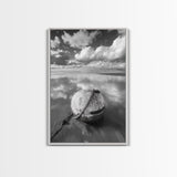 Washed buoy shore, coastal solitude, beach reflections, nautical simplicity, Framed Canvas Print, guest room art, seaside rustic wall decor