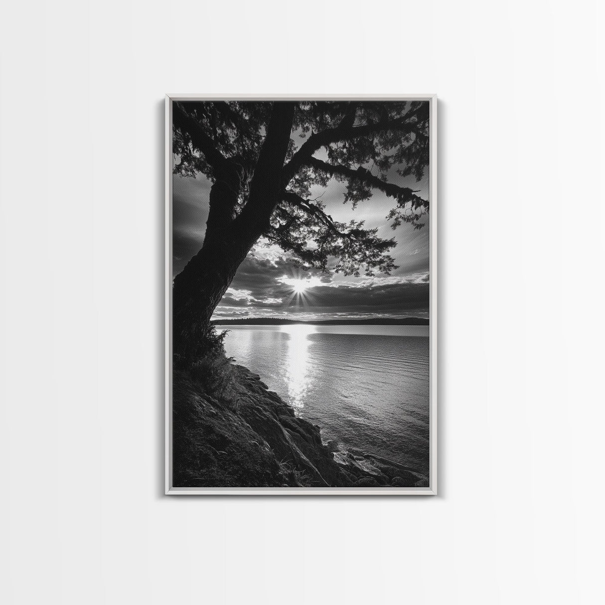 Tranquil Lake Sunset, Tree Silhouette, Calm Waters, Canvas Print, Nature Inspired Wall Art, Relaxing Bedroom Decor, Minimalist Zen