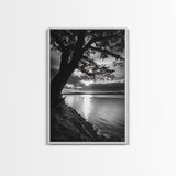 Tranquil Lake Sunset, Tree Silhouette, Calm Waters, Canvas Print, Nature Inspired Wall Art, Relaxing Bedroom Decor, Minimalist Zen
