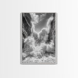 Ocean Splash, Cliff Waves, Nature Power, Dramatic Seascape, Framed Canvas Print, Living Room Statement, Black and White Wall Art