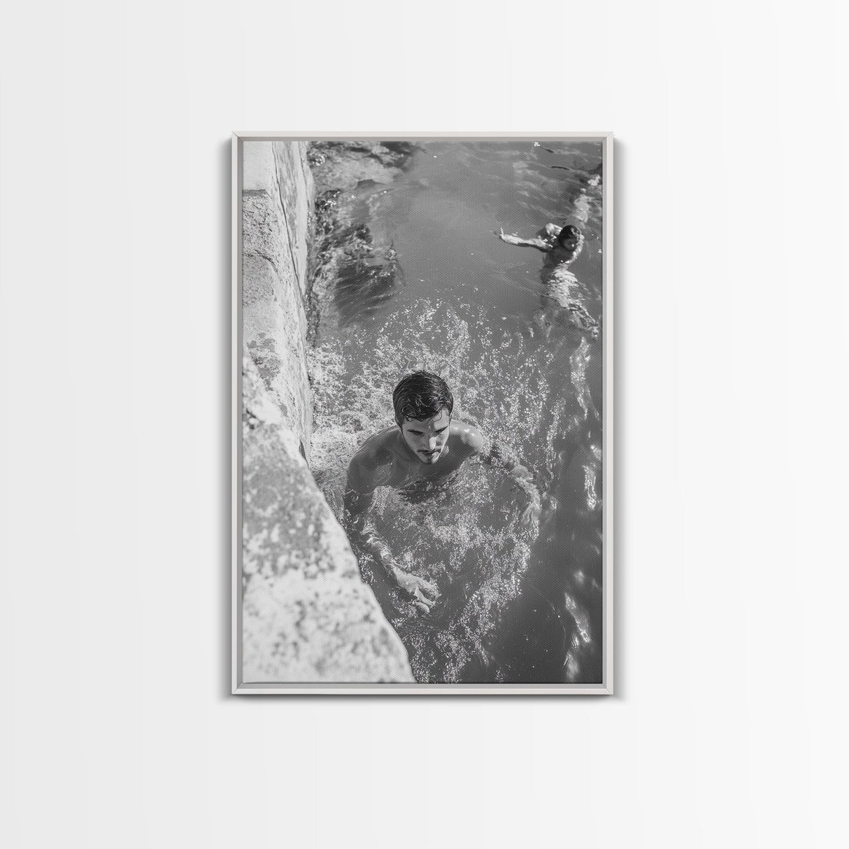 Swimmers, Summer Water, Beach Moment, Candid Photography, Framed Canvas Print, Bathroom Wall Art, Youthful Energetic Decor