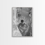 Swimmers, Summer Water, Beach Moment, Candid Photography, Framed Canvas Print, Bathroom Wall Art, Youthful Energetic Decor