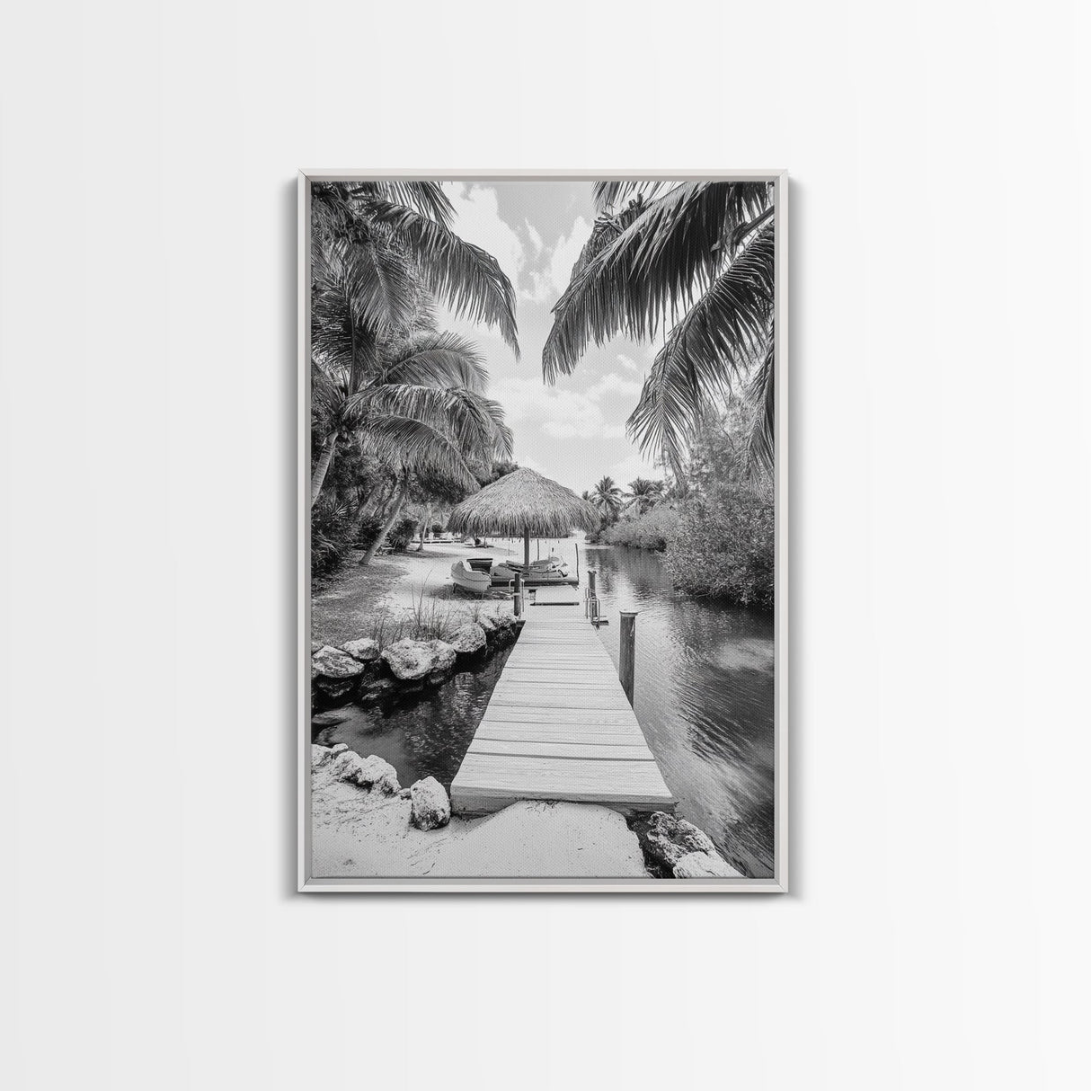 Tropical Dock, Island Escape, Palm Tree Beach, Secluded Lagoon, Canvas Print, Coastal Kitchen Art, Boho Tropical Wall Decor