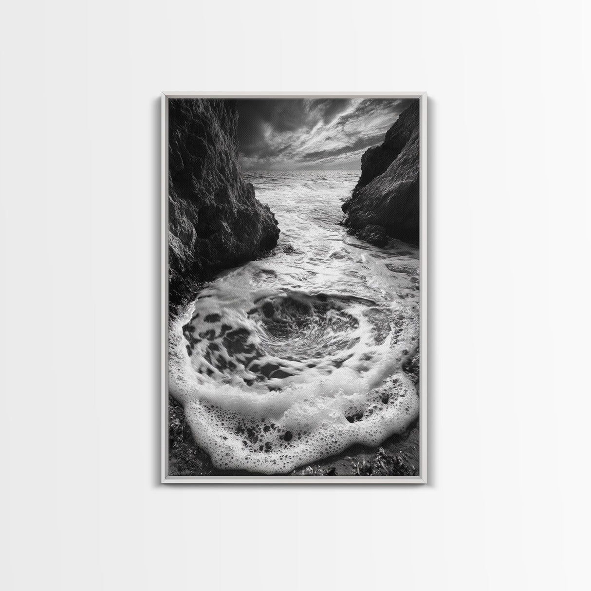 Sea Whirlpool, Dramatic Ocean, Coastal Rocks, Nature Motion, Framed Canvas Print, Bathroom Art, Modern Seaside Wall Decor