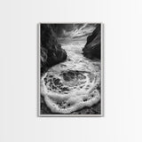 Sea Whirlpool, Dramatic Ocean, Coastal Rocks, Nature Motion, Framed Canvas Print, Bathroom Art, Modern Seaside Wall Decor