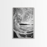 Ocean Wave Tunnel, Surfer's Eye View, Coastal Landscape, Bathroom Wall Art, Adventure Vibes, Framed Canvas Print, Black White Photography