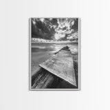 Map On Beach, Travel Adventure Art, Wanderlust Decor, Coastal Office Style, Framed Canvas Print, Explorer Aesthetic, Black White Scene