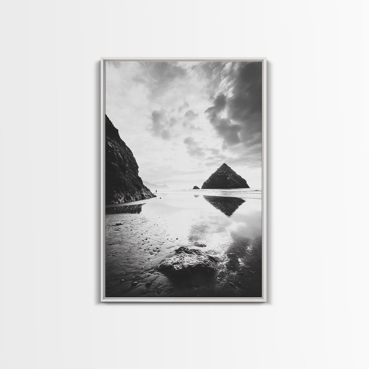 Remote beach reflection, lone hiker wanderlust, coastal rockscape, black white dreamscape, Framed Canvas Print, living room moody decor
