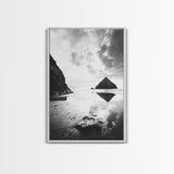 Remote beach reflection, lone hiker wanderlust, coastal rockscape, black white dreamscape, Framed Canvas Print, living room moody decor