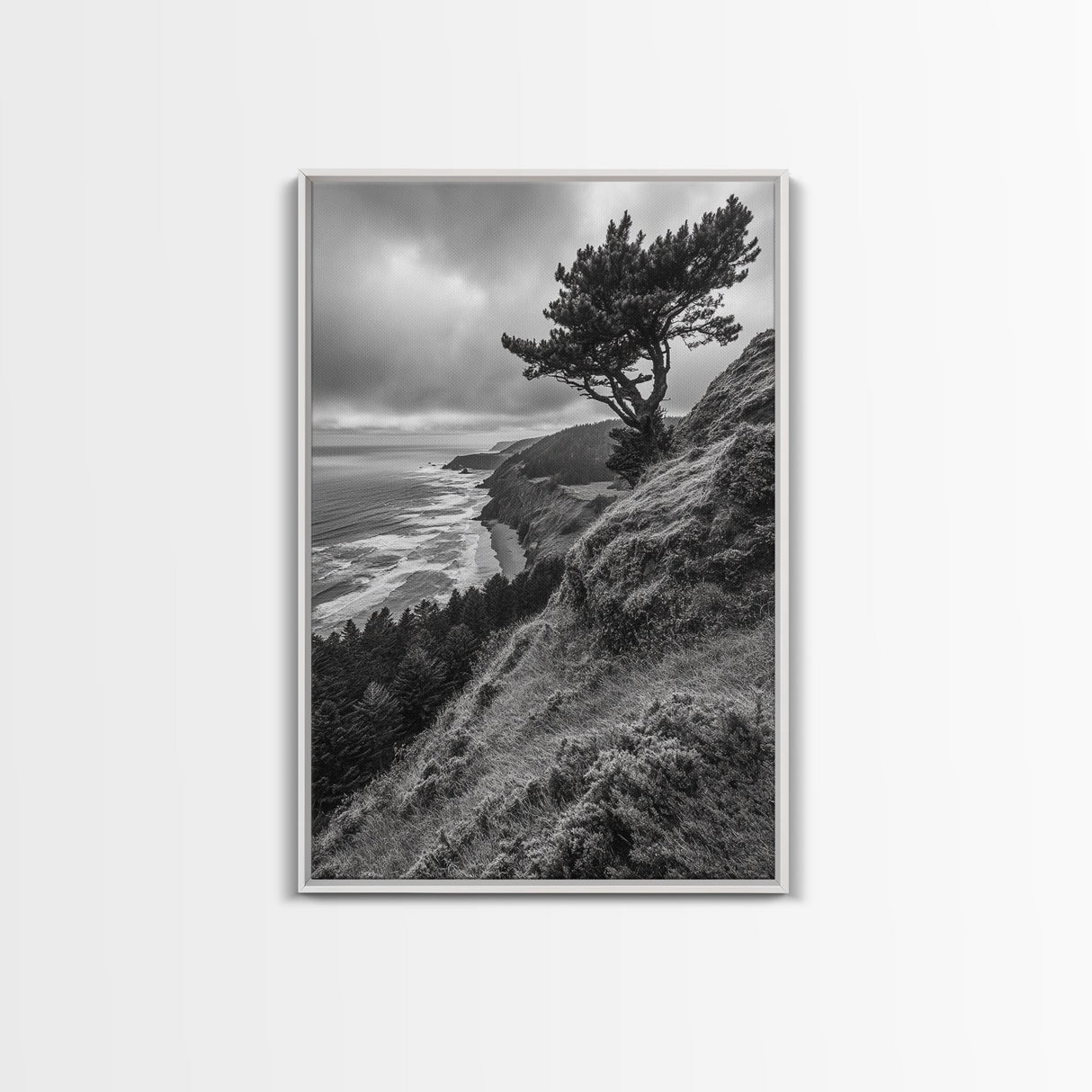 Lone Tree, Ocean Bluff, Windy Coastline, Canvas Print, Coastal Landscape Wall Art, Moody Nature Decor, Minimalist Vibe, Coastal Wall Art