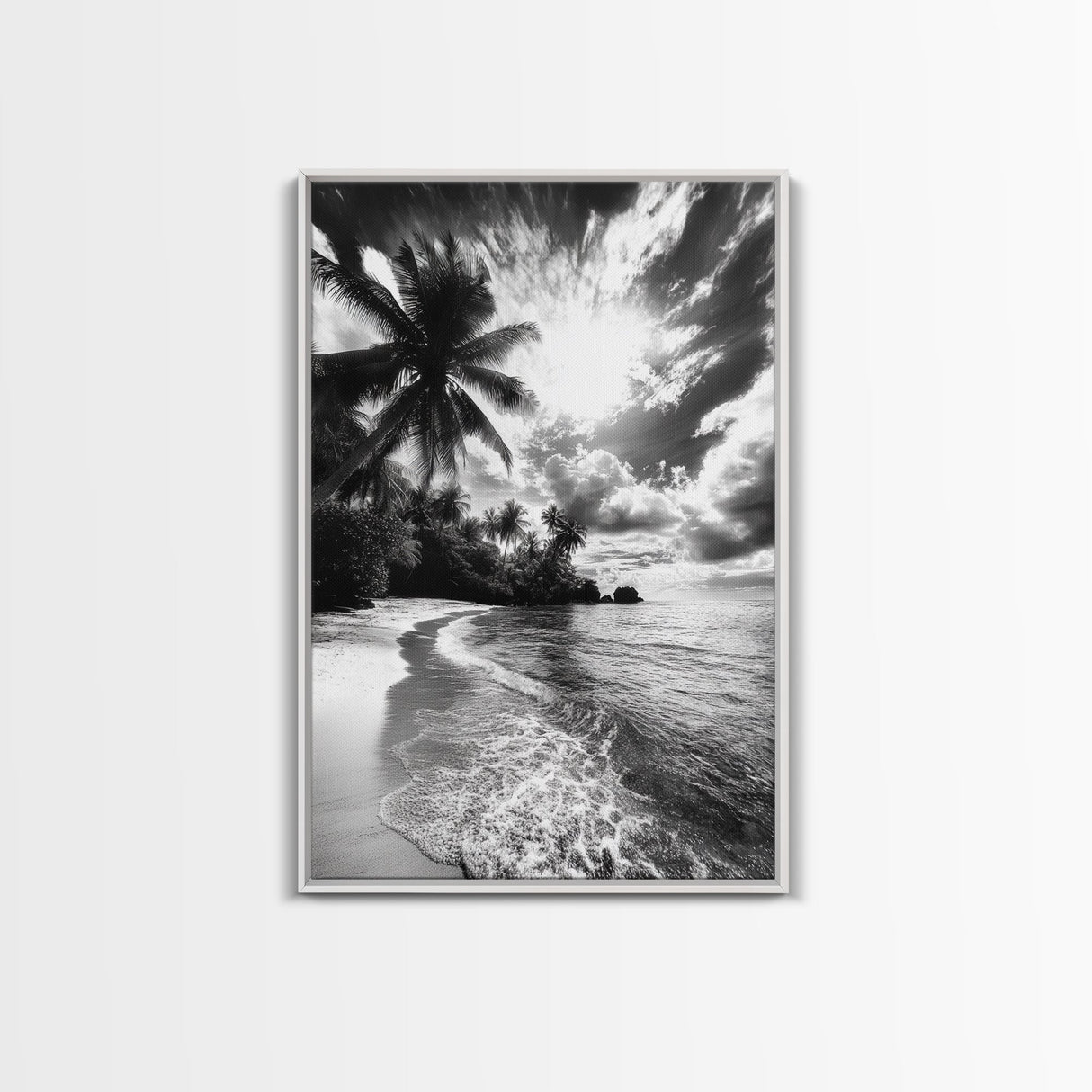 Tropical Sunset Beach, Palms and Waves, Cloudy Skies, Island Vibes, Framed Canvas Print, Coastal Wall Art, Beach House Decor