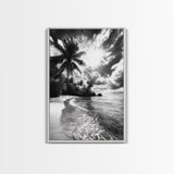 Tropical Sunset Beach, Palms and Waves, Cloudy Skies, Island Vibes, Framed Canvas Print, Coastal Wall Art, Beach House Decor