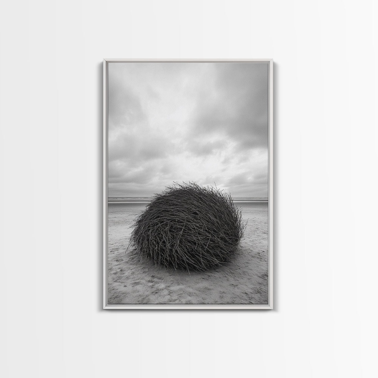 Windswept Beach Nest, Natural Sculpture, Driftwood Ball, Solitude Scene, Canvas Print, Minimalist Wall Art, Neutral Bedroom Decor