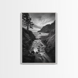 River Meets Sea, Forest Coast, Rugged Beauty, Sunset Flow, Canvas Print, Nature Wall Art, Moody Living Room Landscape