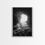 Sea Cave Entrance, Ocean Grotto, Light Escape, Rocky Tide, Canvas Print, Bathroom Wall Art, Black and White Seascape Photo