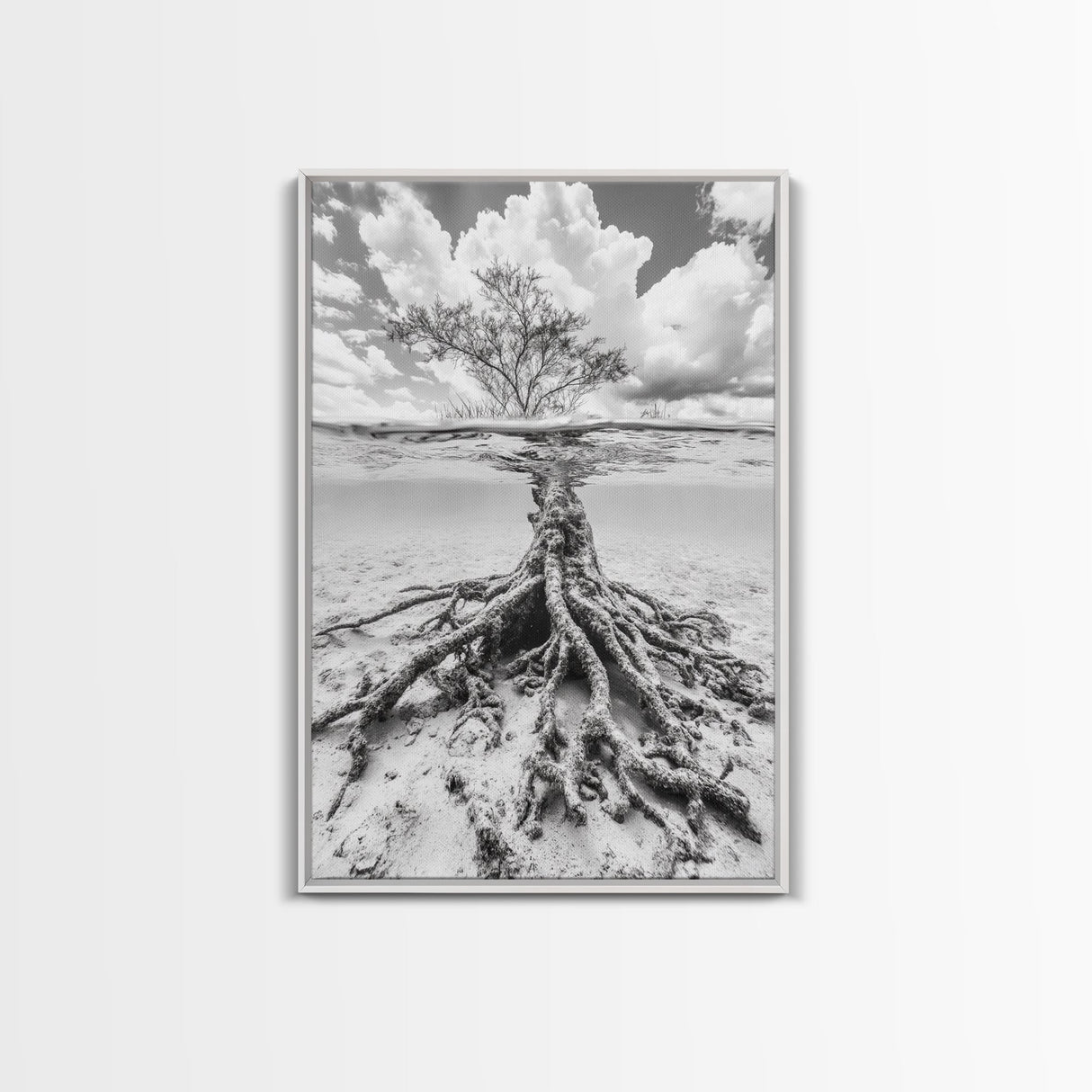 Half Underwater Tree, Split View Nature, Aquatic Roots, Stormy Skies, Framed Canvas Print, Coastal Wall Art, Unique Nature Photography