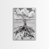 Half Underwater Tree, Split View Nature, Aquatic Roots, Stormy Skies, Framed Canvas Print, Coastal Wall Art, Unique Nature Photography