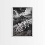 Majestic Volcano, Wild Grass, Black and White, Framed Canvas Print, Nature Photography, Office Decor, Moody Art, Rustic Wall Art