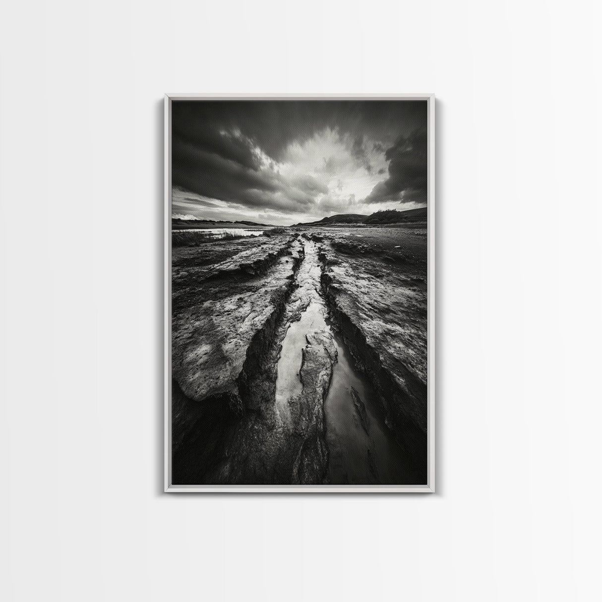 Muddy Terrain, Dramatic Sky, Natural Earth Art, Framed Canvas Print, Fall Decor, Landscape Photography, Moody Living Room Art