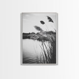 Reed Grass, Gentle Breeze, Black and White Nature, Canvas Print, Minimalist Wall Art, Tranquil Lake Scene, Bedroom Decor