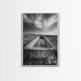 Stone Water Trough, Wild Horizon, Rustic Scene, Framed Canvas Print, Country Farm Decor, Outdoor Living Art, Neutral Wall Accent